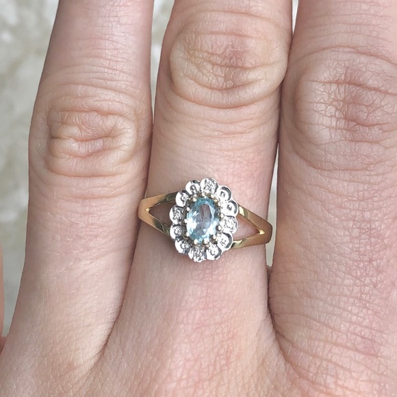 Sky Blue Topaz & Flower Diamond Halo Gold Ring - Picture 1 of 8
